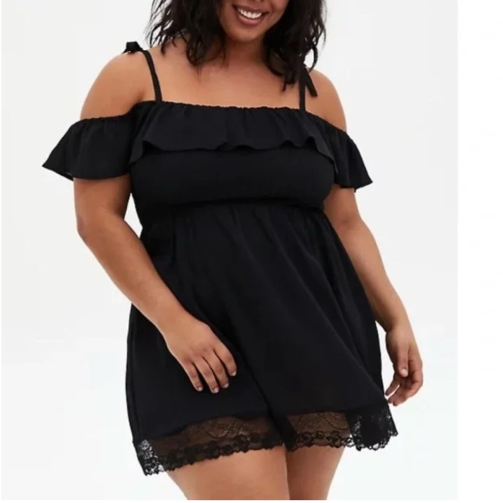TORRID Mini Ruffle Lace Trim Beach Coverup Dress Ruffle Off Shoulder Tie Straps